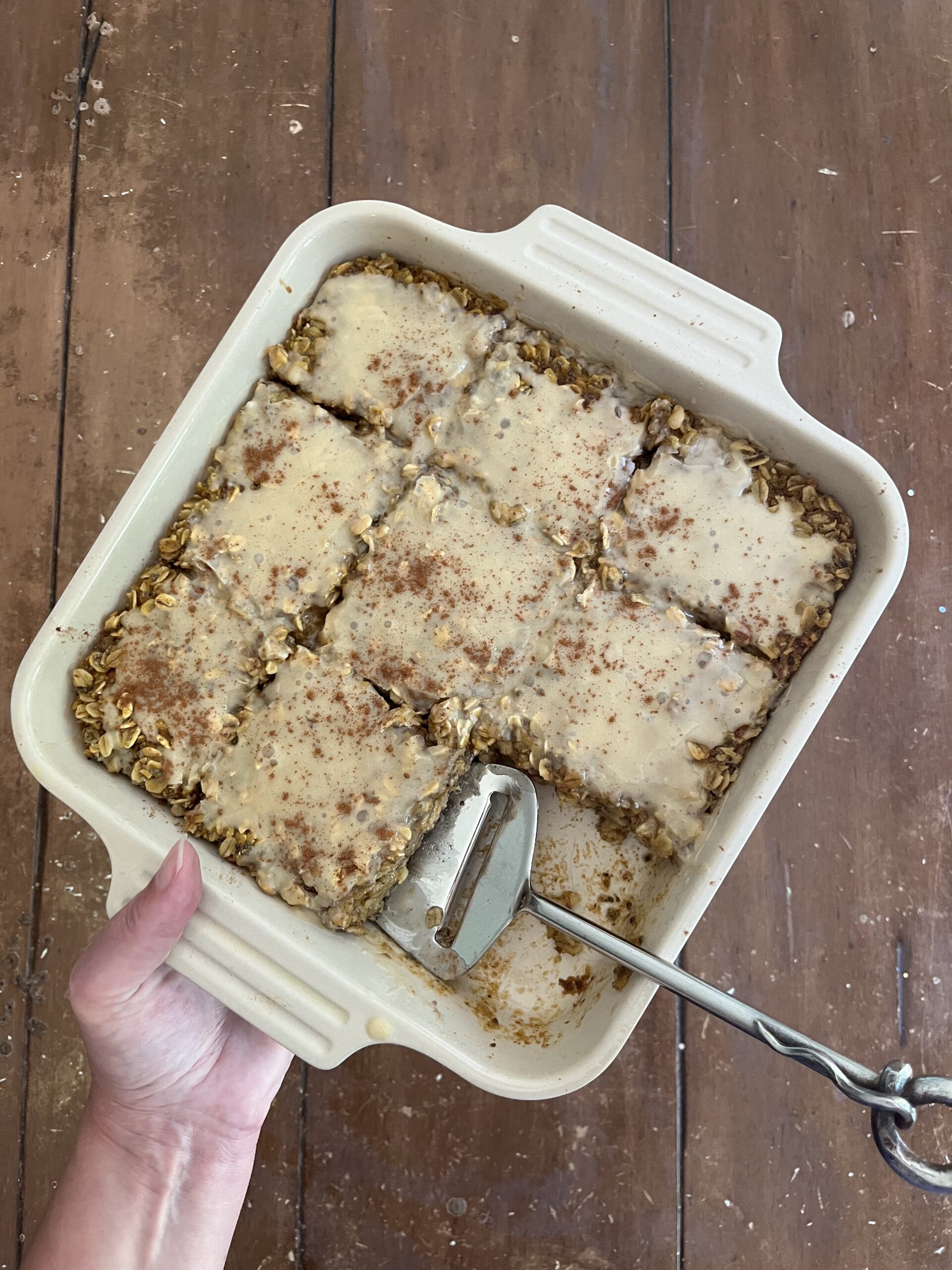 pumpkin spice baked oatmeal with cinnamon maple icing